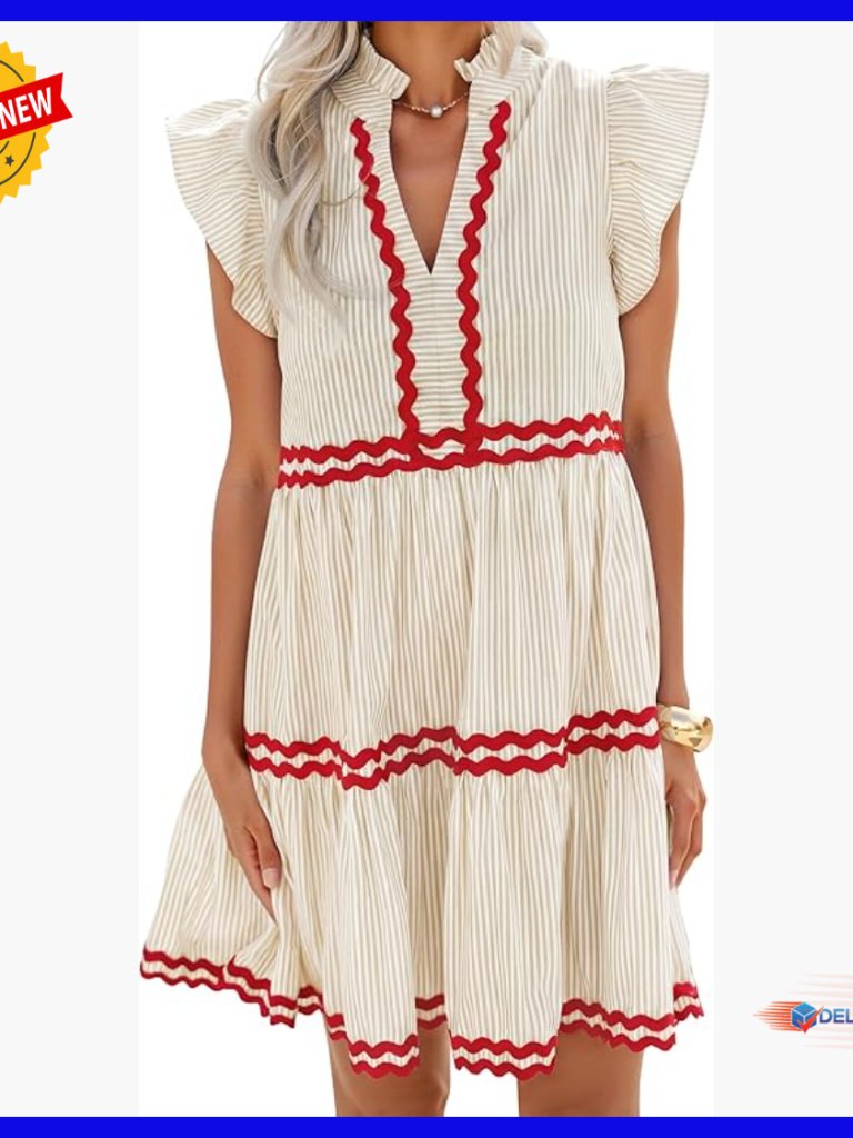 Summer Casual Mini Dress V Neck Flutter Sleeve Striped Ruffle A Line